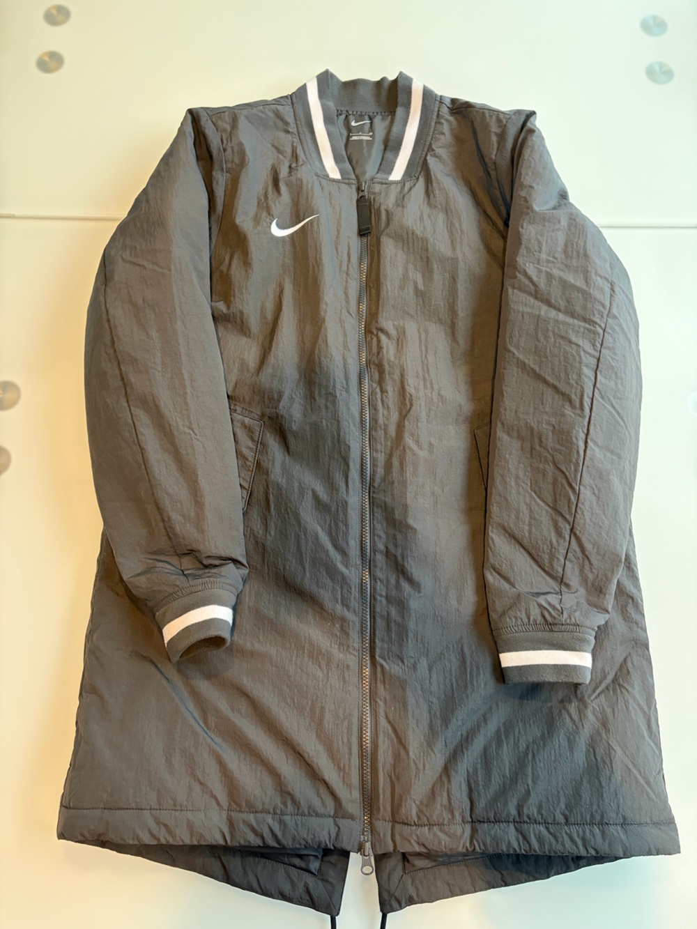 Nike Men's Dark Gray Bomber-Style Long Zip Jacket with White Trim